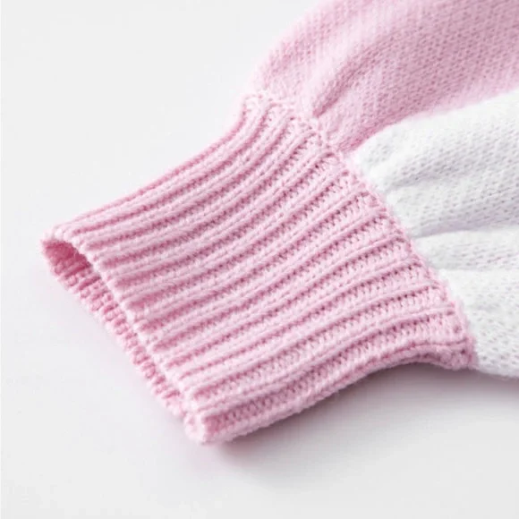 Pink Checkered Bubble Sleeved Crew Neck Knit Sweater - Picture 6 of 11